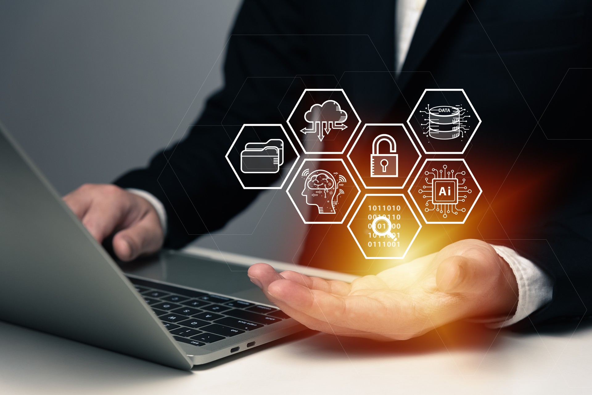 Businessman showing AI tech concept, using laptop with cloud computing, database, padlock, document, Ai chip, coding, global network security, cyber security, cyberspace, digital transformation.